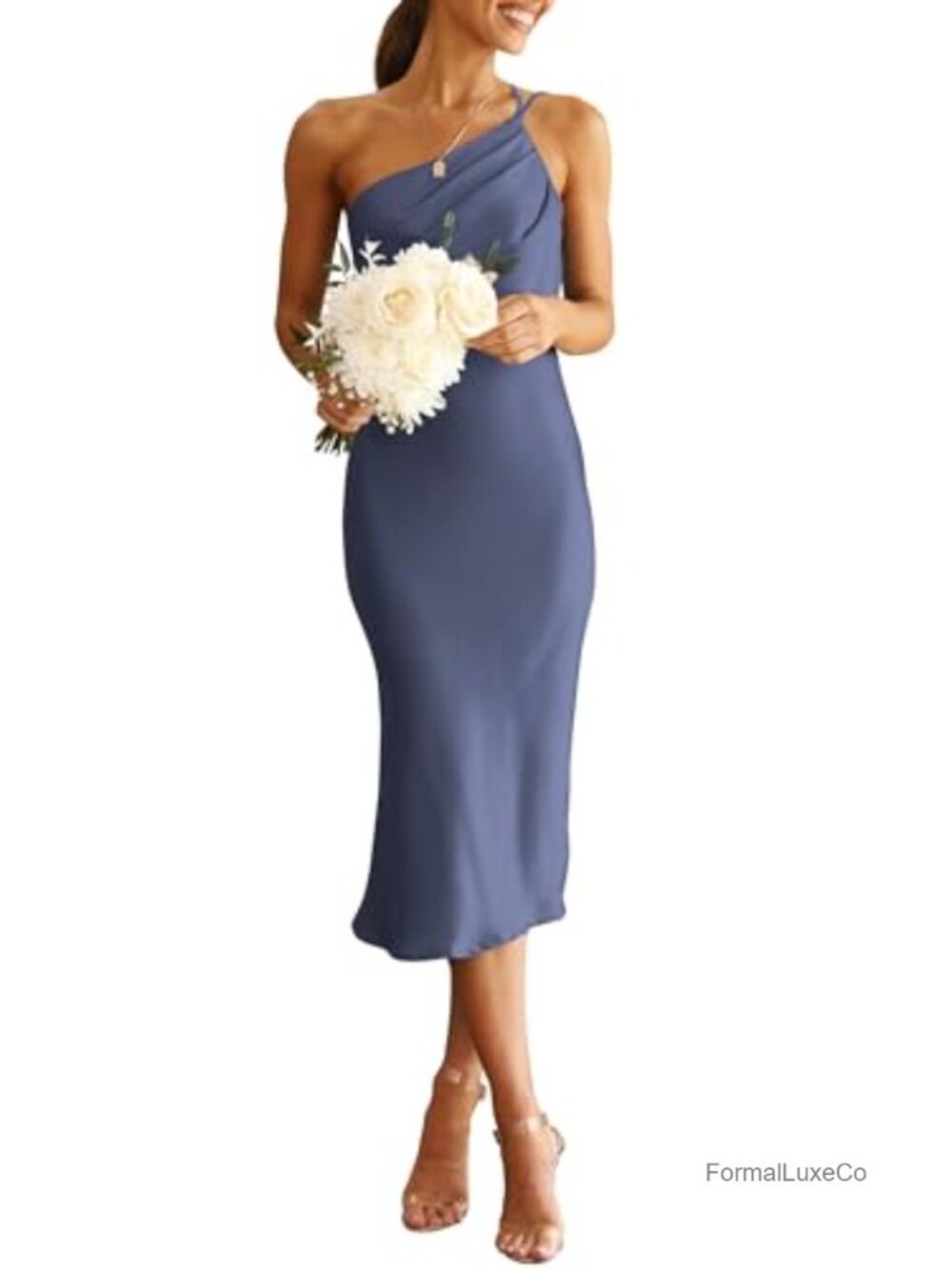 Satin Backless Midi Cocktail Dress One Shoulder Ruched Bodycon Slip